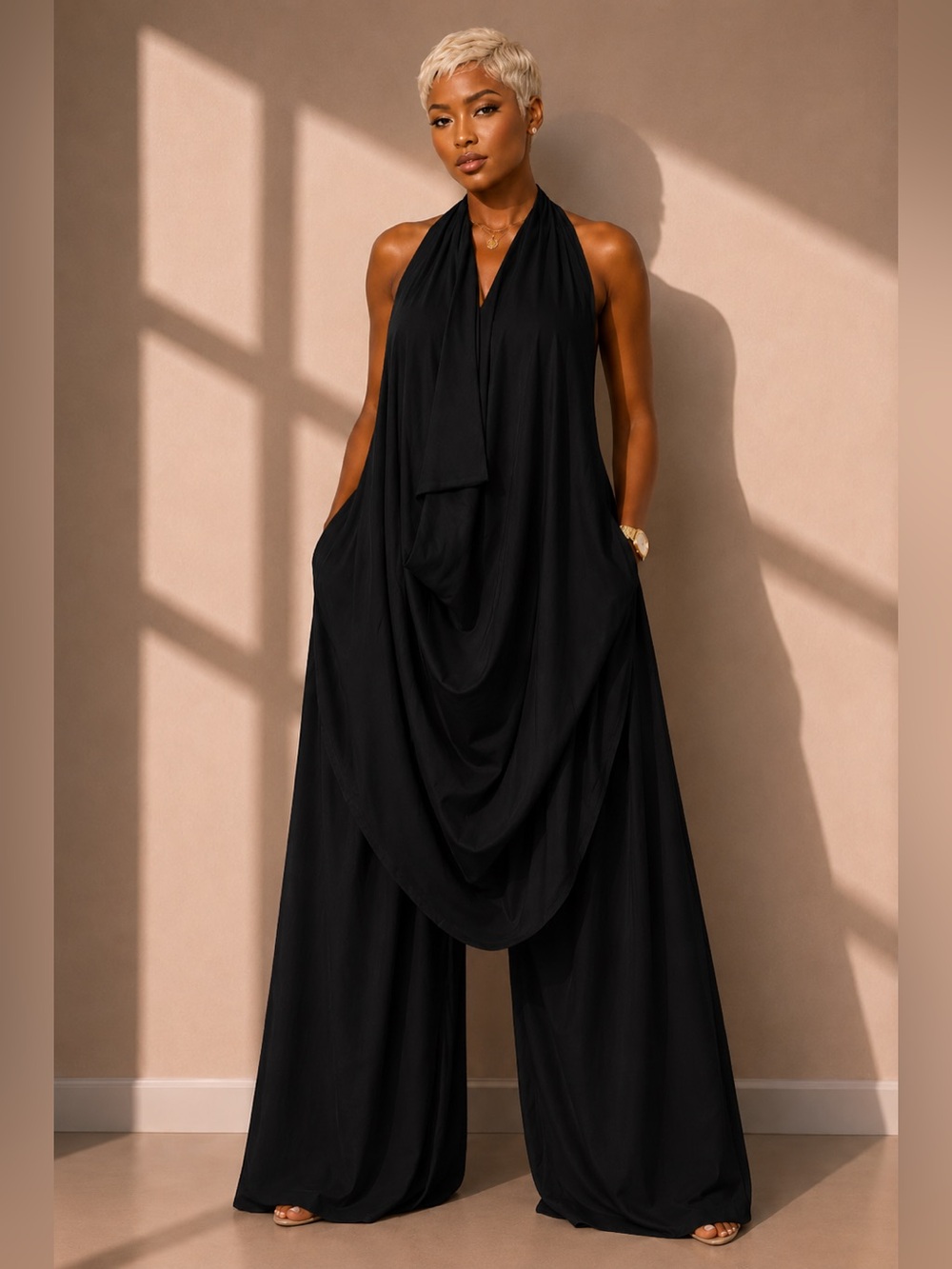 Black Draped Halter Top with Wide Leg Pants